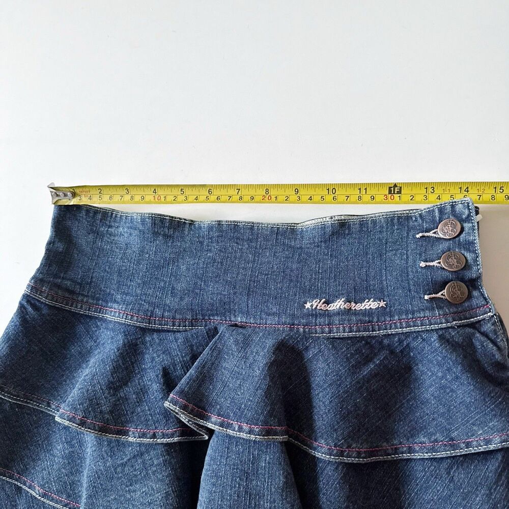 Vintage Y2K Ruffled Tiered Denim Mini Skirt Heatherette 7 Cotton Stretch 2000s - Picture 11 of 12